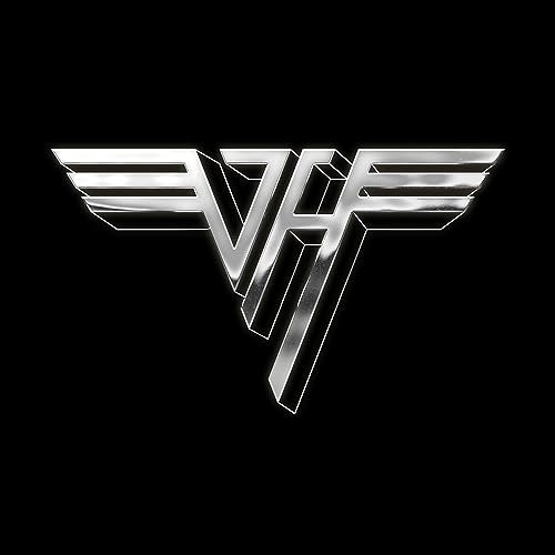 Van Halen logo: silver, angular “VH” with wing-like extensions on black.