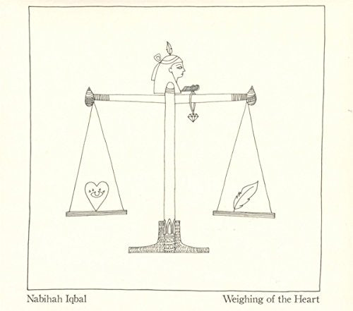 Line drawing of scales balancing a heart and a feather, Egyptian style.