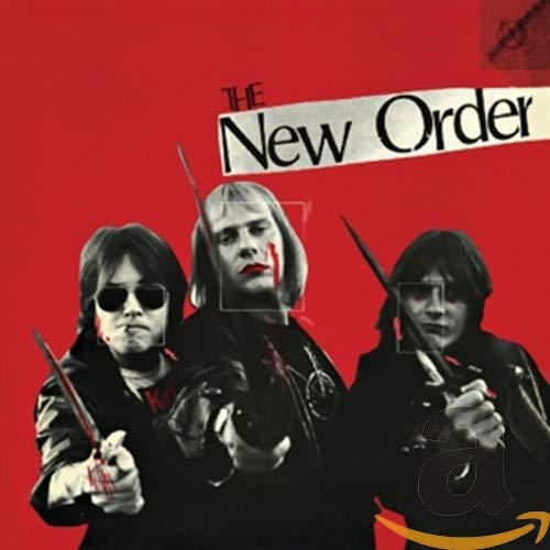 New Order album cover: three figures with sunglasses and swords on red.