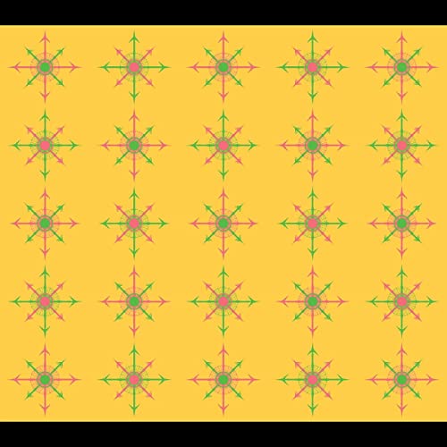 Yellow background with repeating green and pink starburst patterns.