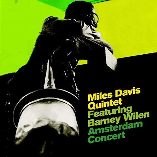 Black and white photo of Miles Davis with text: Amsterdam Concert.