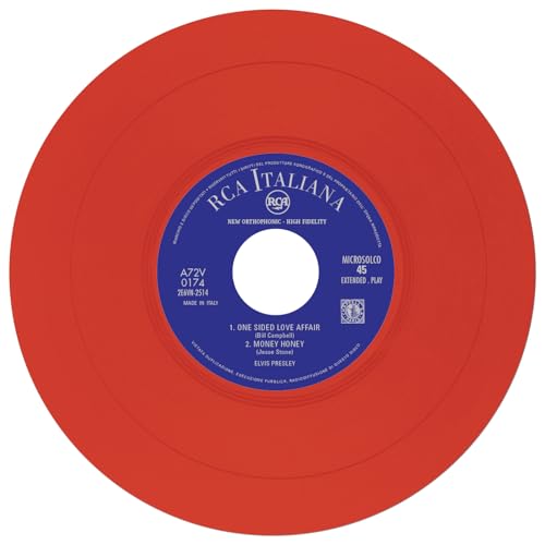 Red vinyl record label with blue center, featuring Elvis Presley’s name.