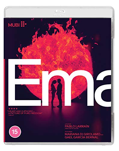 Ema" Blu-ray cover: couple silhouetted against a fiery, abstract background.