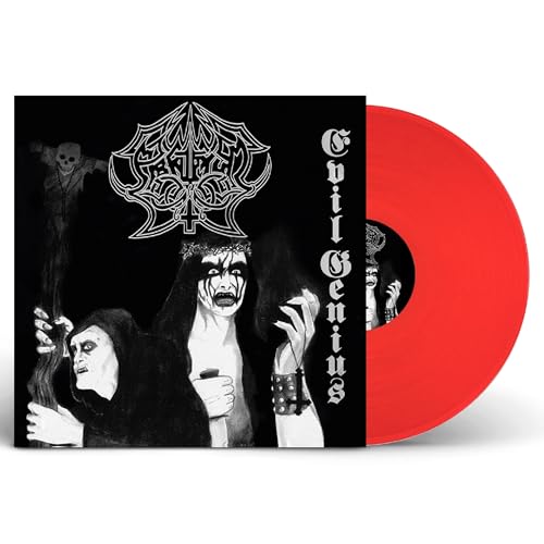 Black album cover with gothic imagery and a bright red vinyl record.
