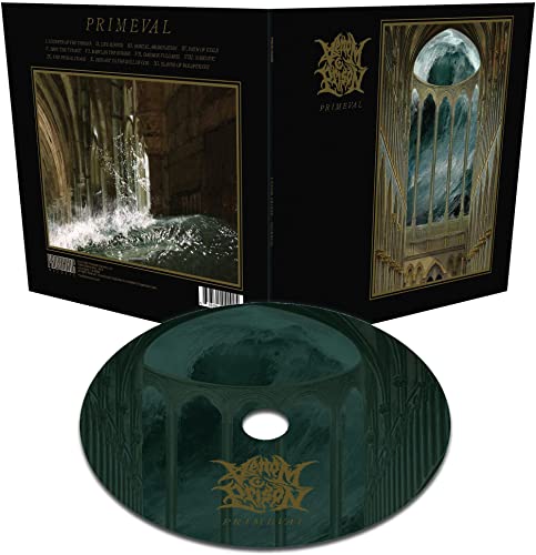 CD case and disc for Venom Prison’s “Primeval” album, gothic imagery.