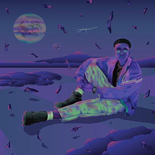 A person in a purple jacket sits in a surreal, purple-toned landscape with floating objects.