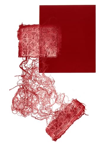 Red abstract album art with textured, torn paper and script.