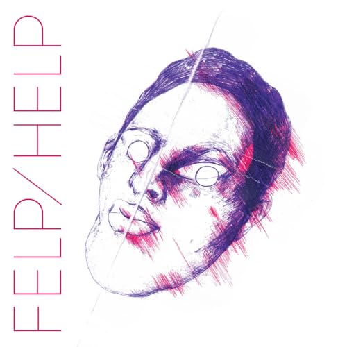 Sketch of a face with red lines and the word "HELP" vertically.