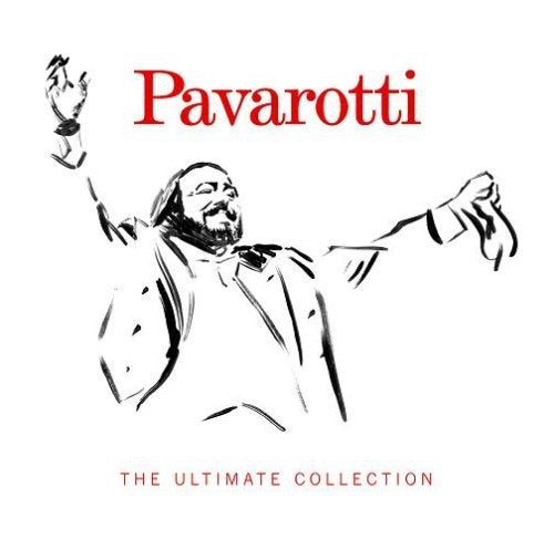 Pavarotti album cover: a white sketch of the opera singer with arms raised.