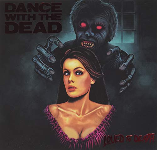 CD cover: monster with red eyes embracing a woman, retro style.