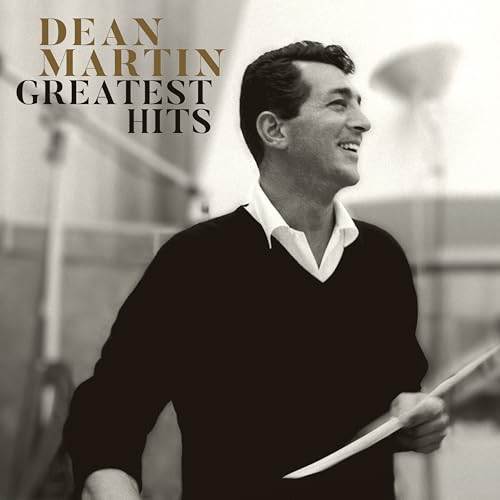 Dean Martin smiling on album cover, sepia toned, with text “Greatest Hits”.