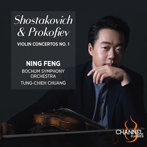 CD cover featuring violinist Ning Feng with violin and composers’ names.