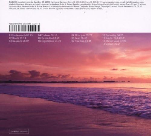 CD back cover with sunset seascape, tracklist, and barcode.