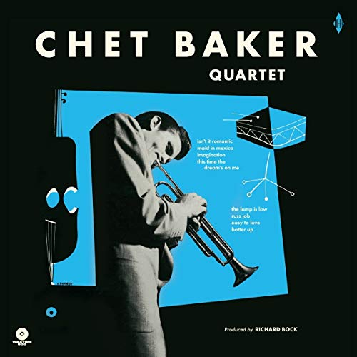 Chet Baker playing trumpet on album cover with abstract blue design.