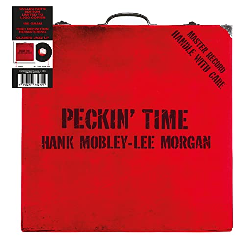Red vinyl record album "Peckin' Time" by Hank Mobley & Lee Morgan.