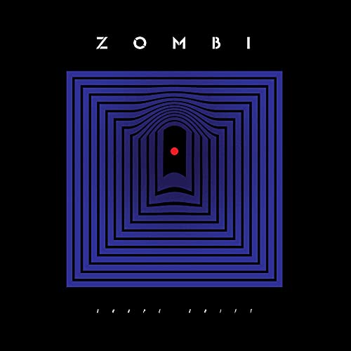 Black album cover with blue concentric squares and a central red dot.