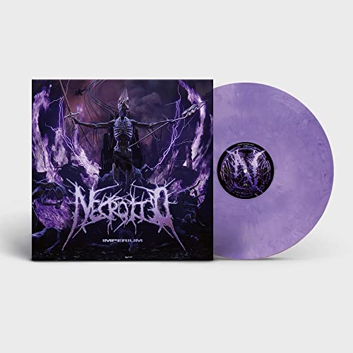 Purple vinyl record and album cover with skeletal figure and lightning.