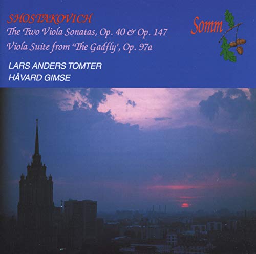 CD cover for Shostakovich viola sonatas with a sunset cityscape.