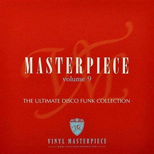 Red album cover with white text: "Masterpiece Volume 9" and disco funk details.