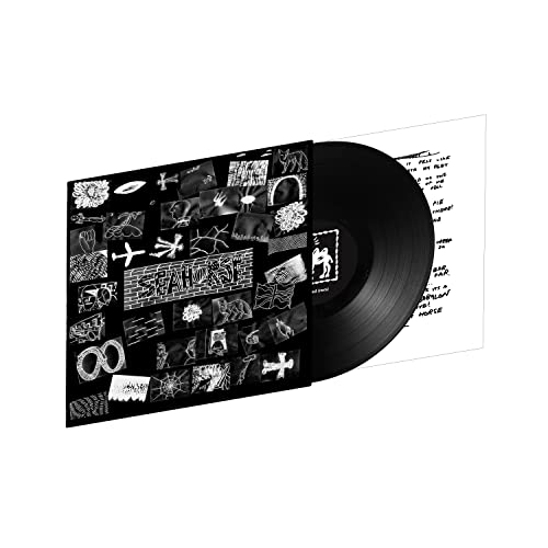 Black vinyl record with a black and white collage album cover.