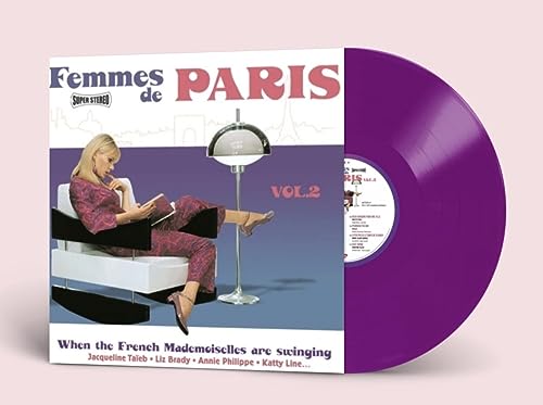 Purple vinyl record with cover art of a woman reading in Paris.