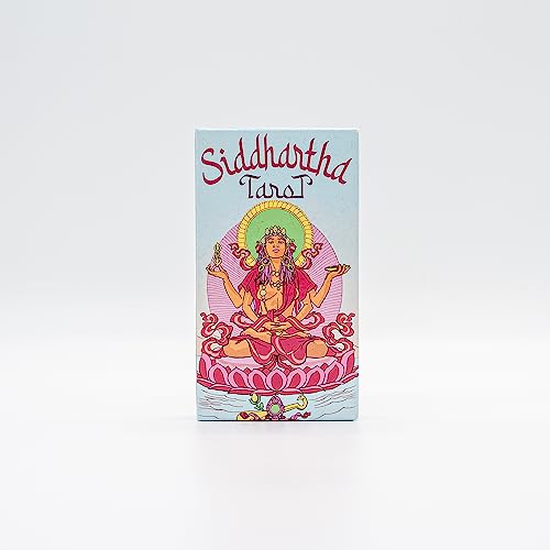 Tall, light blue box for "Siddhartha Tarot" with a central, colorful illustration.