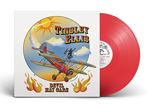 Red vinyl record with cover art of a biplane and sun.