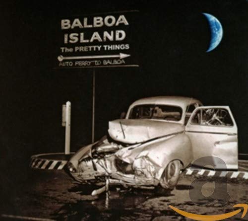 CD cover: wrecked car, neon sign reading "Balboa Island", crescent moon.