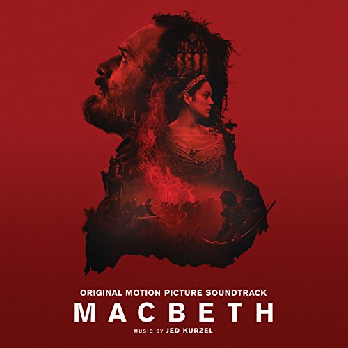Macbeth soundtrack cover: faces emerge from a fiery, castle-filled landscape.