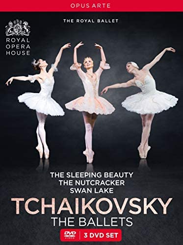 DVD cover for Tchaikovsky’s ballets featuring three ballerinas en pointe.