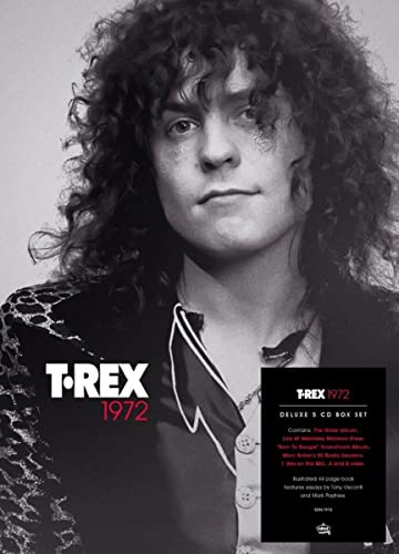 Black and white portrait of Marc Bolan, T.Rex album "1972" shown.