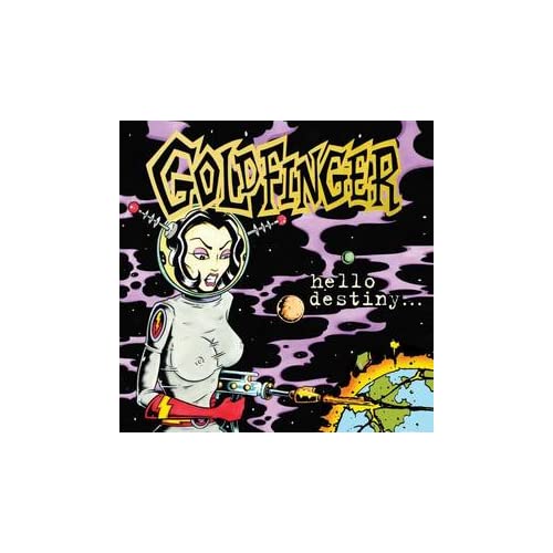 Goldfinger album cover: woman in space helmet with planets and rays.
