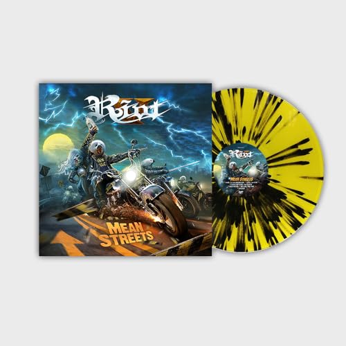 Riot V "Mean Streets" vinyl record with motorcycle artwork and yellow-black swirl.