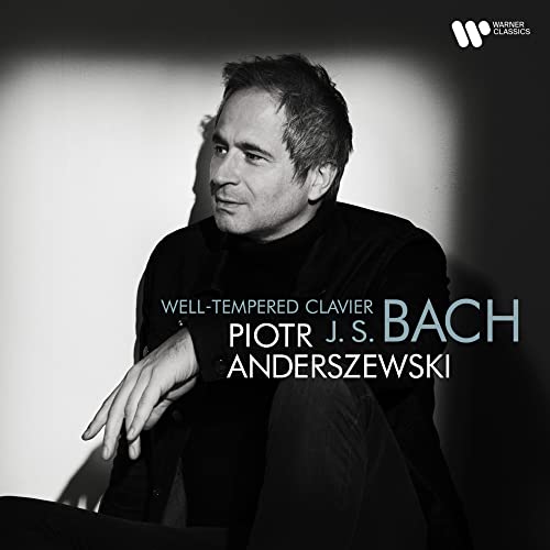 Black and white portrait of pianist Piotr Anderszewski with text for Bach's Well-Tempered Clavier.
