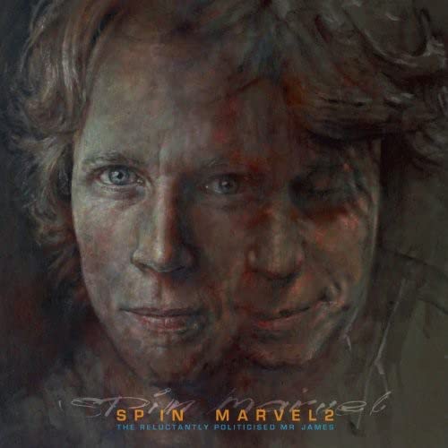 Painted portrait of a man with split face, album cover art.