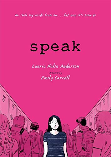 Book cover with a girl standing in a school hallway, against a pink background.