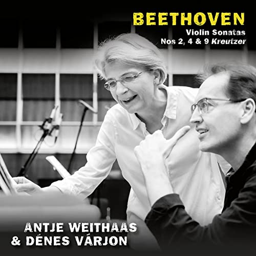 Black and white photo of two musicians, Antje Weithaas and Dénes Várjon.