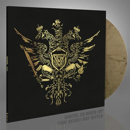 Gold foil double-headed eagle on black vinyl record cover, gold vinyl visible.