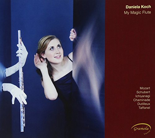 Woman with flute, hands reaching, dark blue background, album cover.