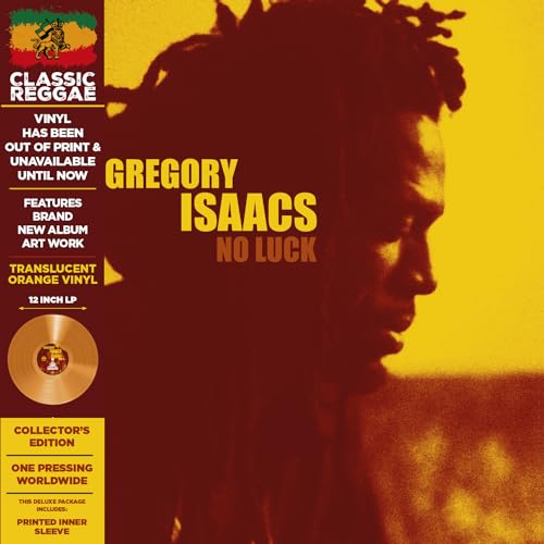 Gregory Isaacs “No Luck” vinyl album cover with portrait and orange disc.