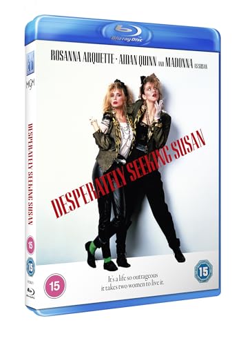 Blu-ray cover for Desperately Seeking Susan featuring Rosanna Arquette and Madonna standing together.