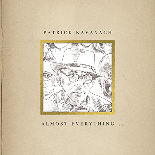 Sketch of Patrick Kavanagh in a hat, framed on a beige album cover.