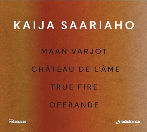 CD cover for Kaija Saariaho’s “Maan Varjot” with brown gradient background.