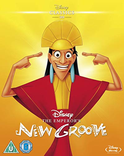 Kuzco wearing a gold headdress on a yellow background for The Emperor's New Groove.