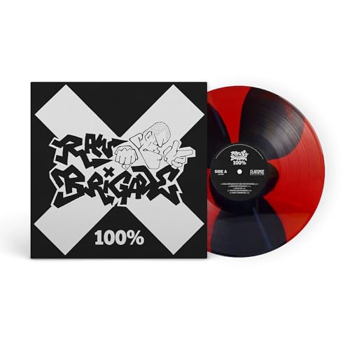 Vinyl record with graffiti-style album cover and red-black swirl pattern.