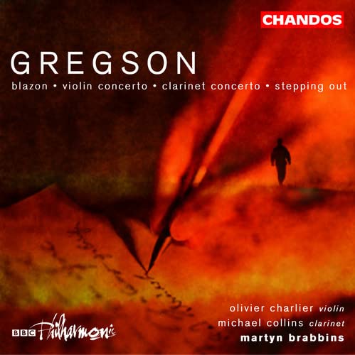 CD cover for Gregson’s violin and clarinet concertos, abstract red design.