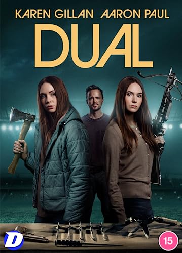 DVD cover for the film Dual featuring Karen Gillan and Aaron Paul with weapons.