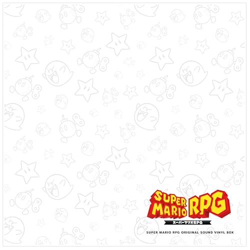 Super Mario RPG" vinyl record packaging with repeating star and character designs.