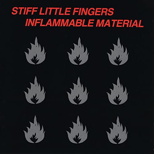 Album cover with red text and nine grey flame icons on a black background.