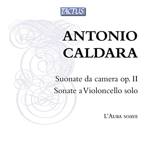CD cover for Antonio Caldara’s sonatas, with swirling blue design.